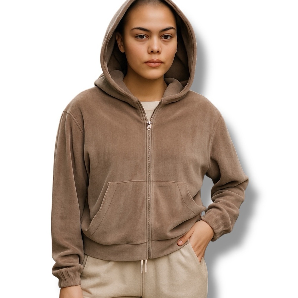 Skylee Plus Collection  Womens Full Zip Cropped Velour Sweatshirt Hoodie Tan 3X